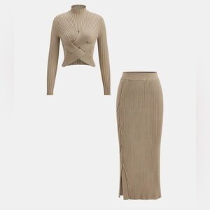 Elegant Tan Ribbed Skirt Set